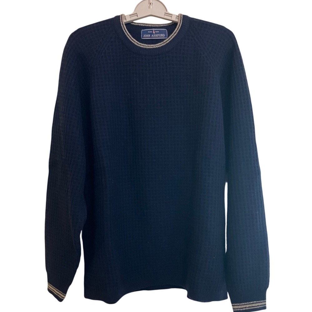 John Ashford Lambswool Sweater L Navy Blue Waffle Knit Crewneck NWT 8730